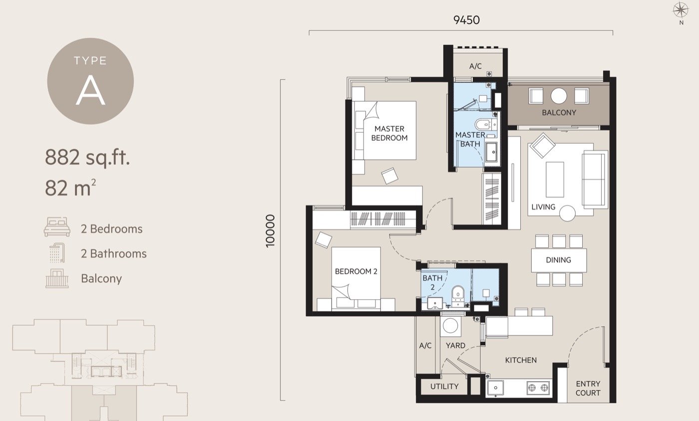 Oaka Residences Type A floor plan — 882 sq ft, 2 bedrooms