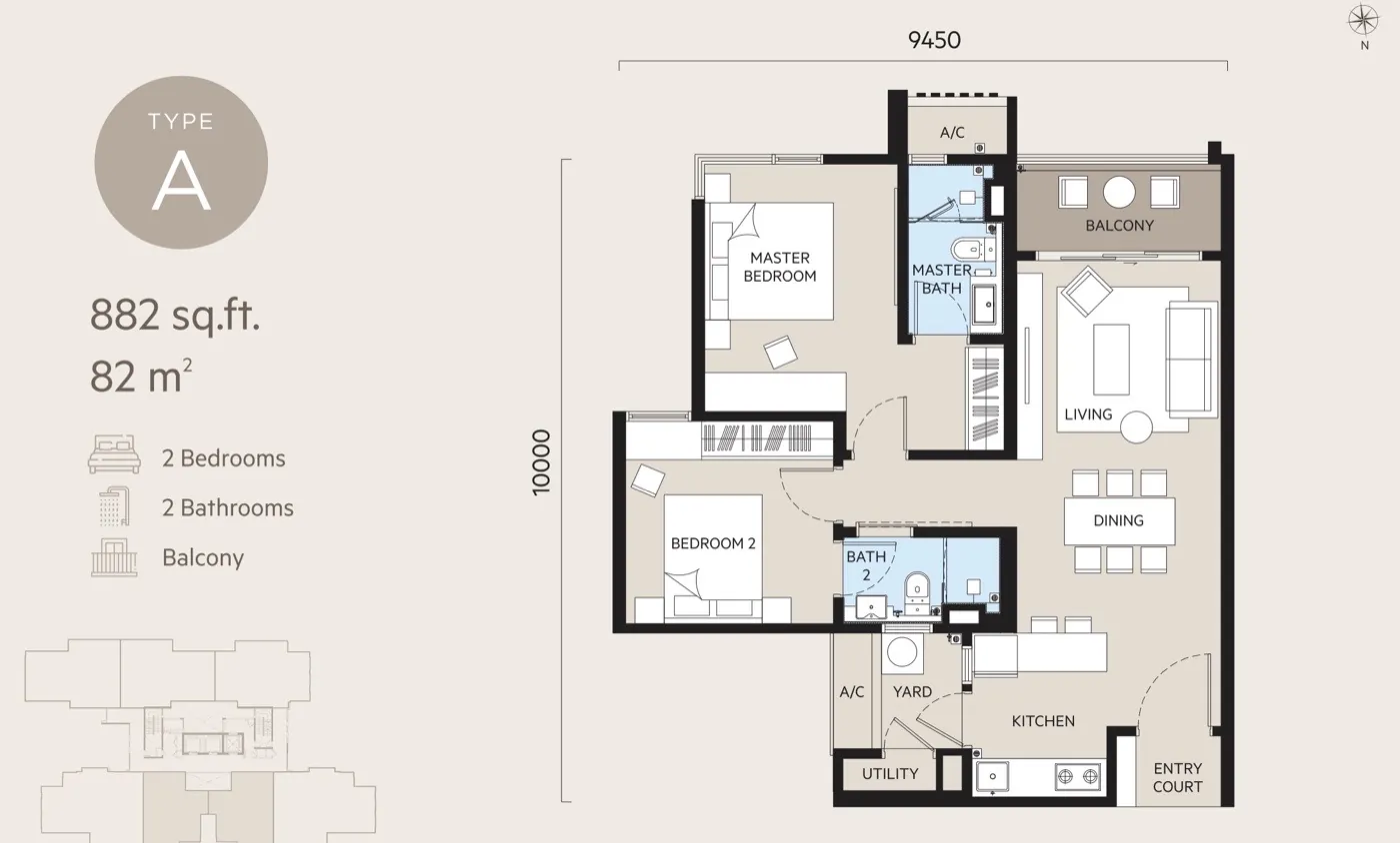 Oaka Residences Type A floor plan — 882 sq ft, 2 bedrooms