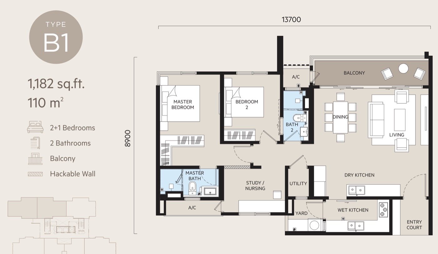 Oaka Residences Type B1 floor plan — 1,182 sq ft, 2+1 bedrooms