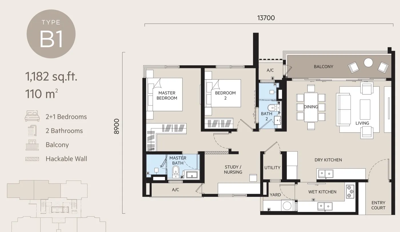 Oaka Residences Type B1 floor plan — 1,182 sq ft, 2+1 bedrooms
