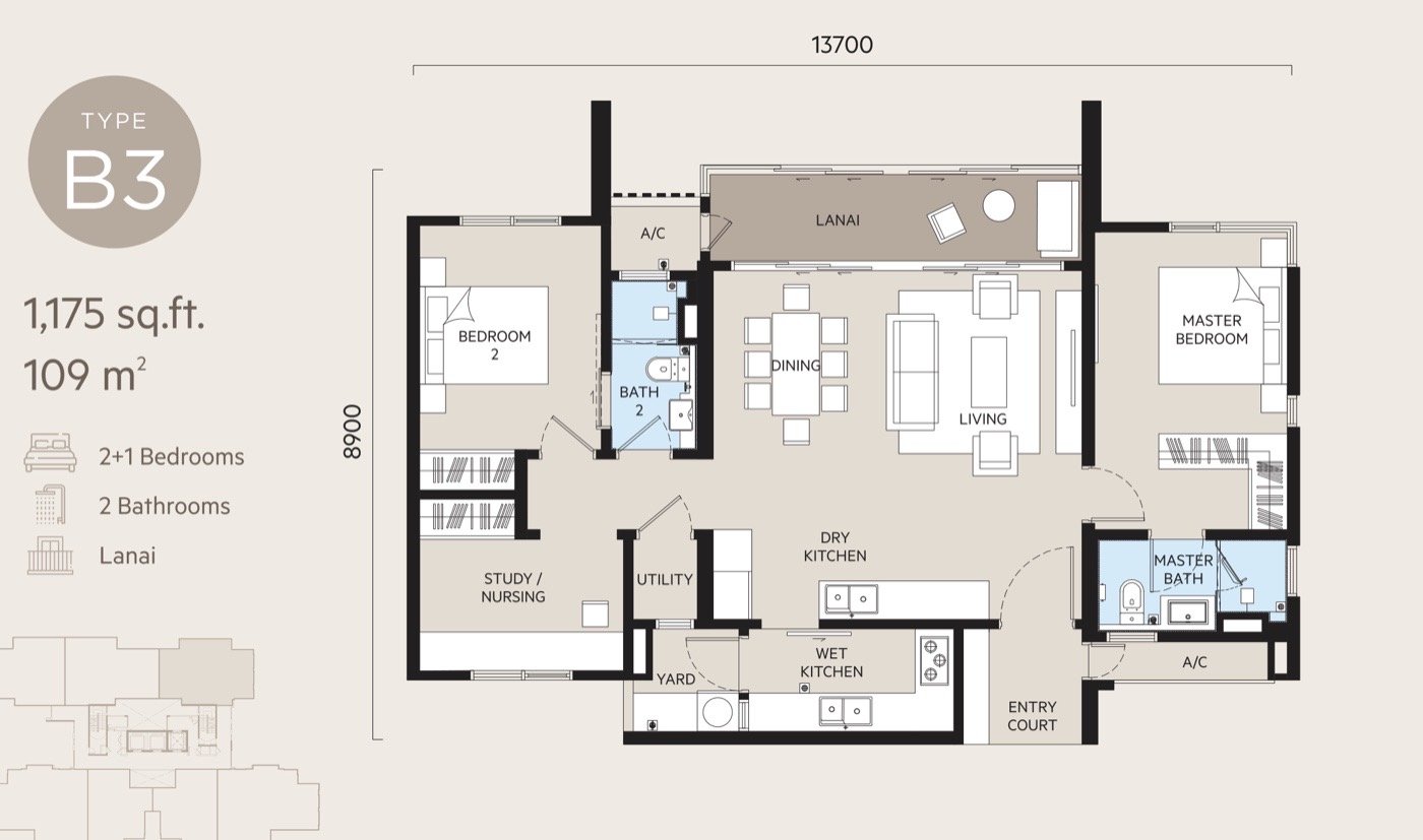 Oaka Residences Type B3 floor plan — 1,175 sq ft, 2+1 bedrooms