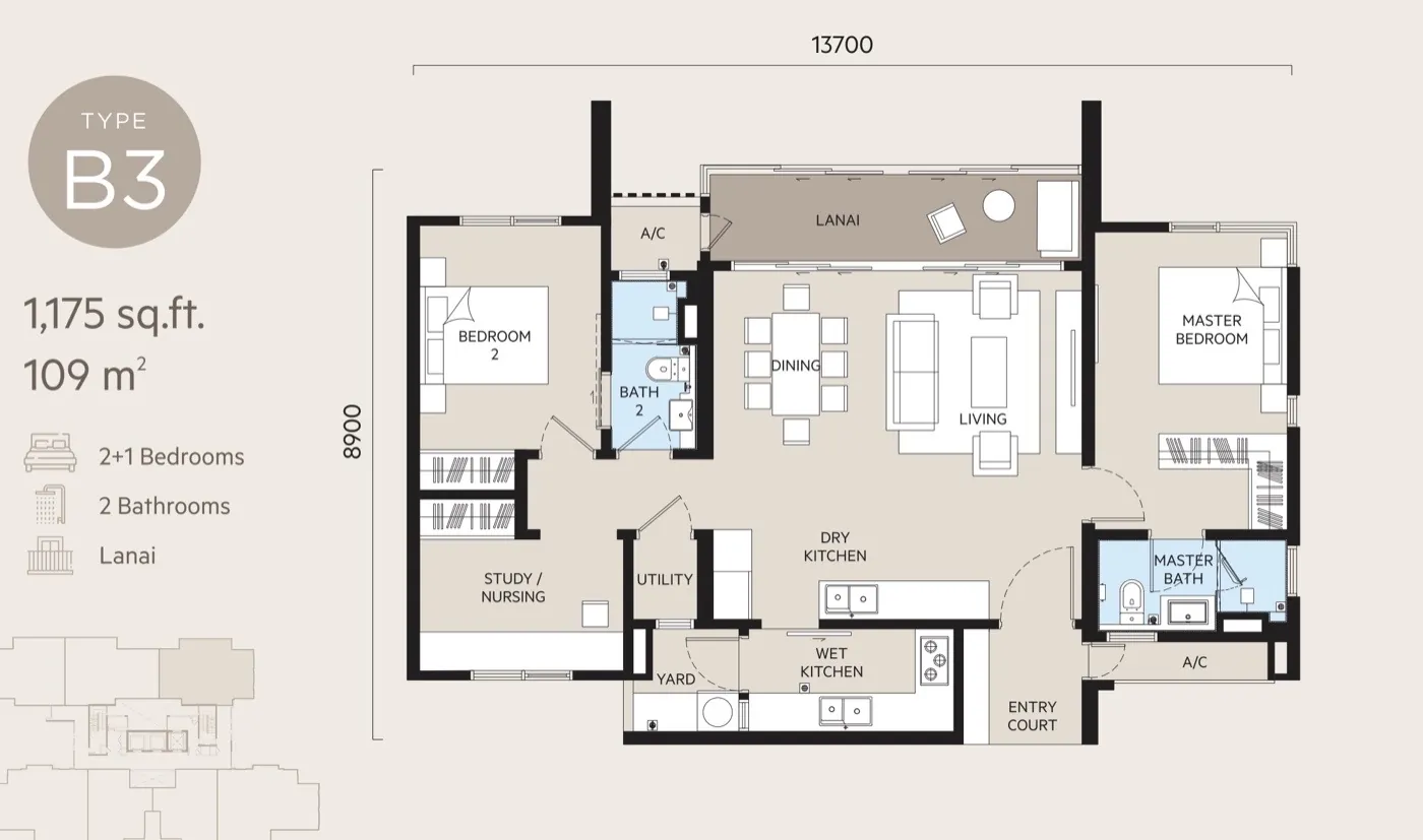 Oaka Residences Type B3 floor plan — 1,175 sq ft, 2+1 bedrooms