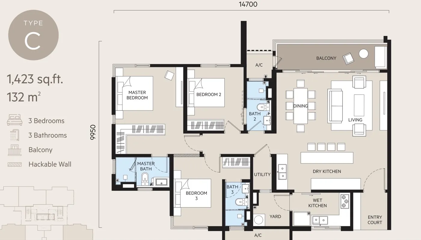 Oaka Residences Type C floor plan — 1,423 sq ft, 3 bedrooms