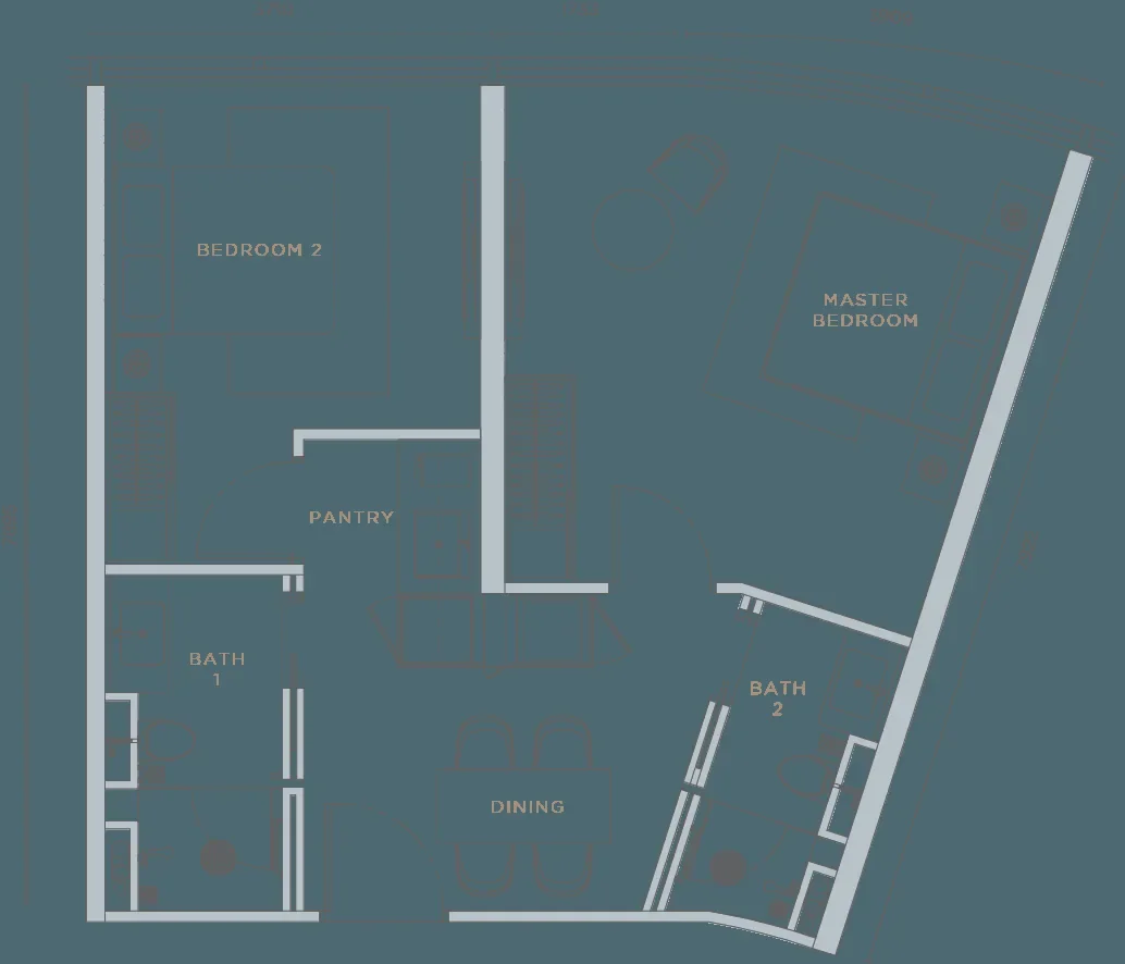 Orion Residence Type B1 two-bedroom floor plan — 680–746 sq ft