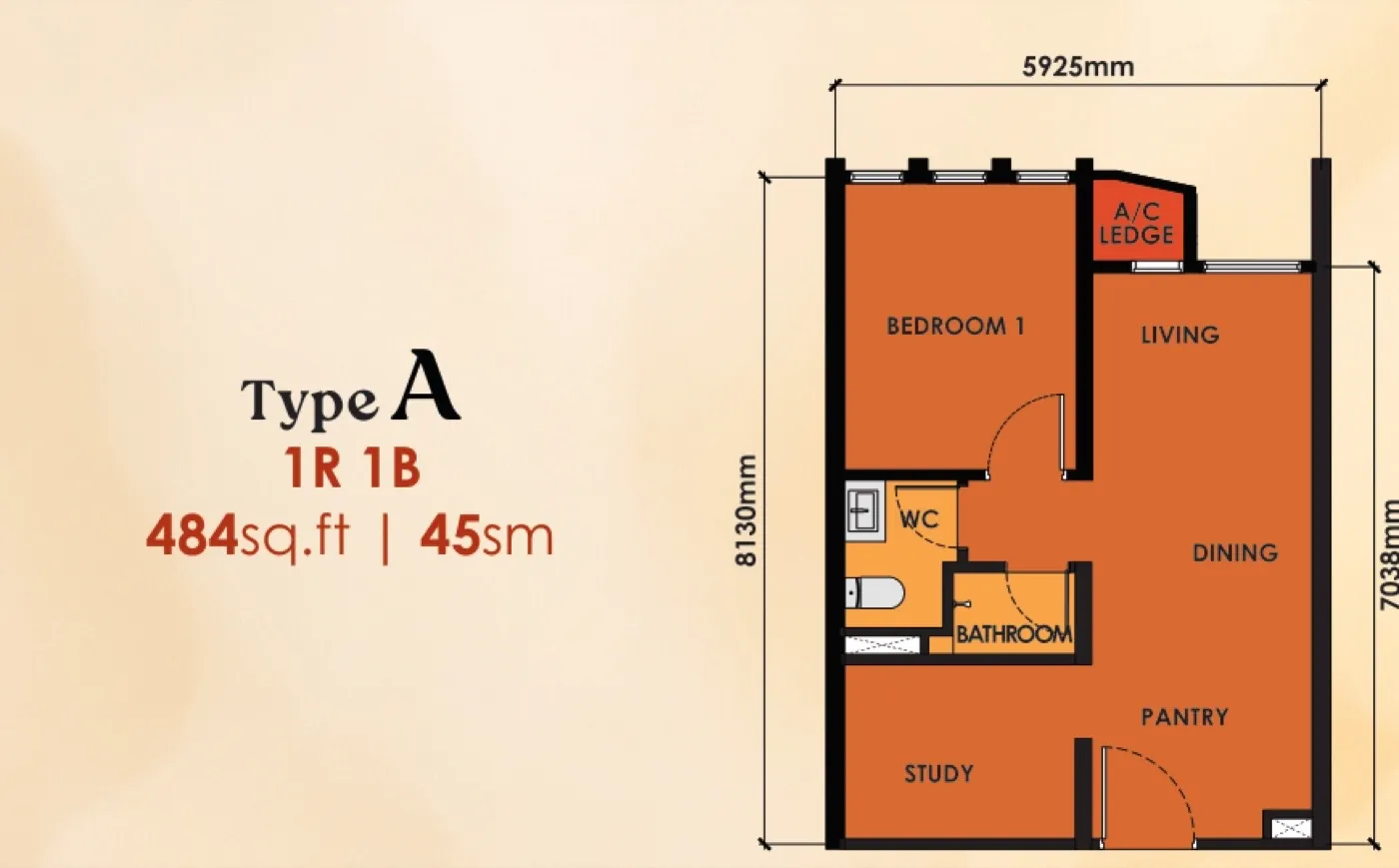 Phoeniz Suites Type A floor plan — 484 sq ft, 2 bedrooms