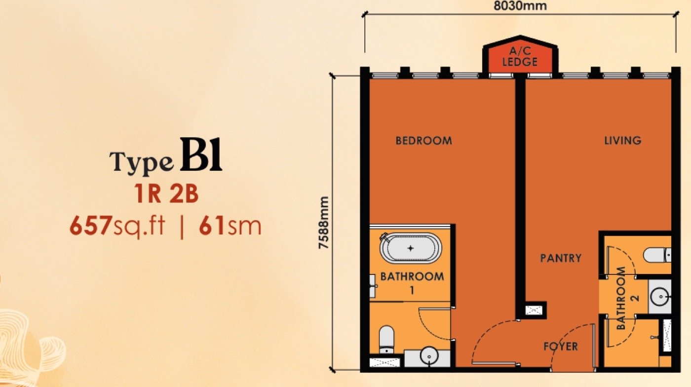 Phoeniz Suites Type B1 floor plan — 657 sq ft, 1 bedroom