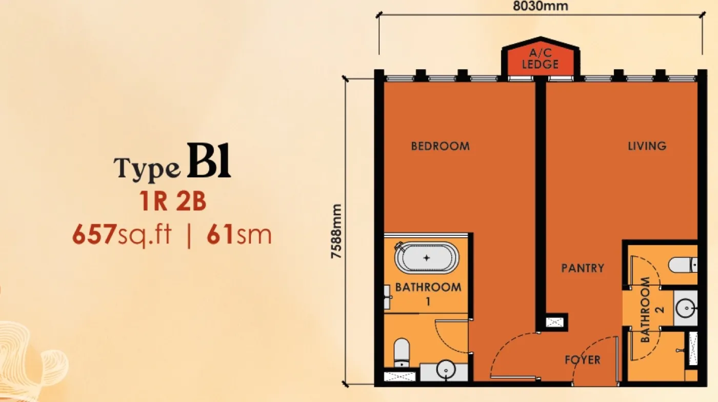 Phoeniz Suites Type B1 floor plan — 657 sq ft, 1 bedroom