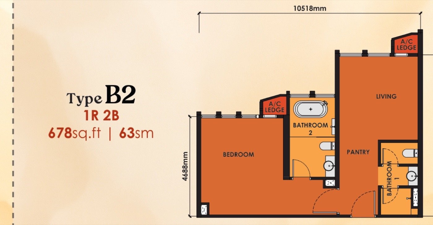 Phoeniz Suites Type B2 floor plan — 678 sq ft, 1 bedroom