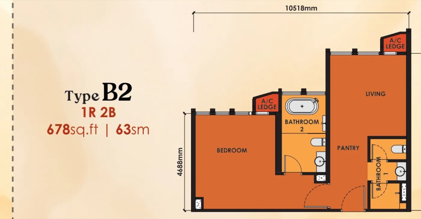 Phoeniz Suites Type B2 floor plan — 678 sq ft, 1 bedroom