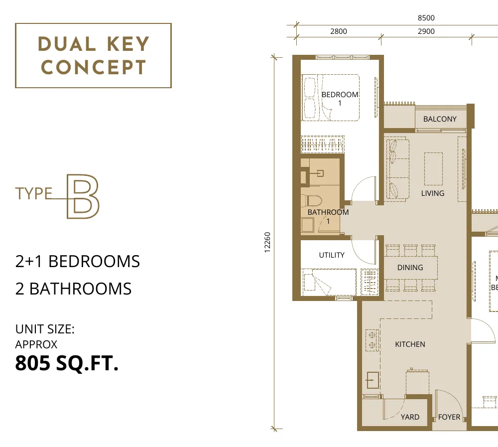 Quartz Type B dual key floor plan — 805 sq ft, 2+1 bedrooms