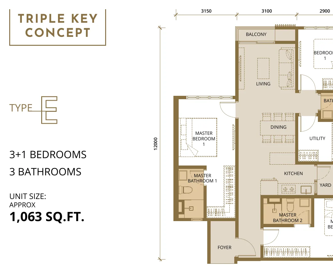 Quartz Type E triple key floor plan — 1,063 sq ft, 3+1 bedrooms