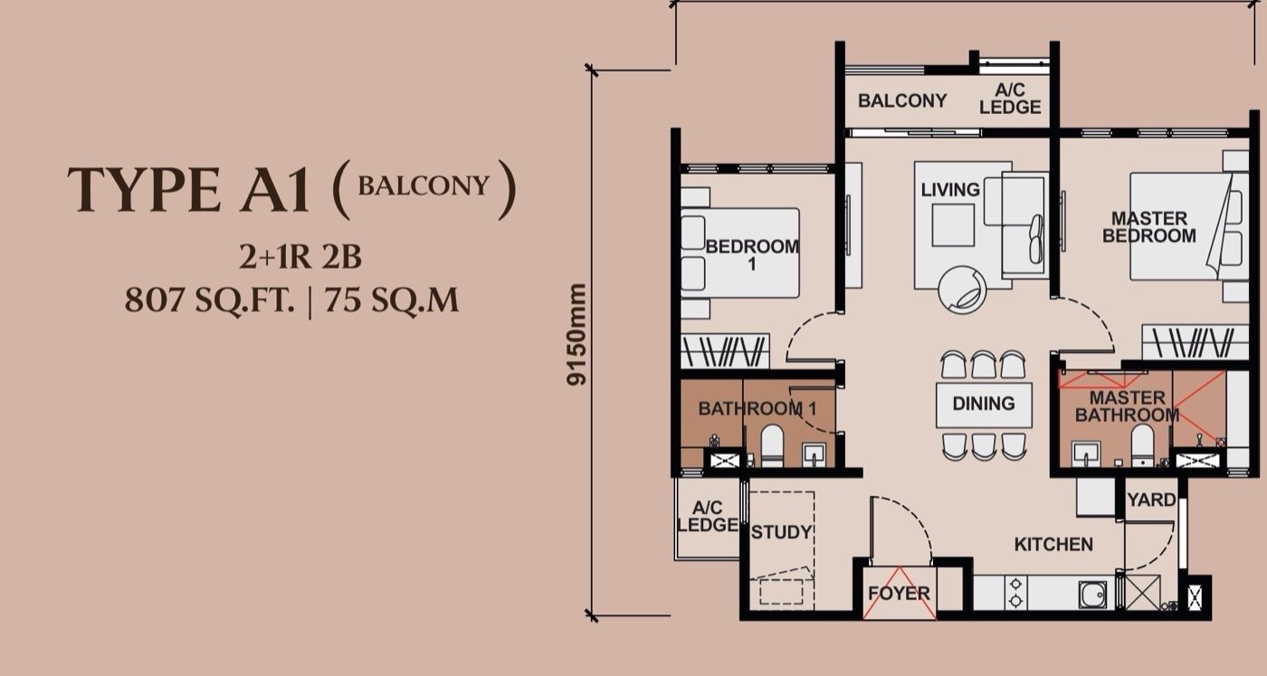 Queenswoodz Bukit Jalil Type A1 floor plan — 807 sq ft, 2+1 bedrooms
