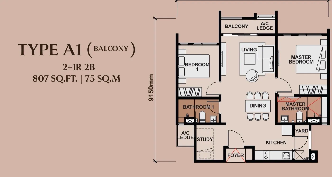 Queenswoodz Bukit Jalil Type A1 floor plan — 807 sq ft, 2+1 bedrooms