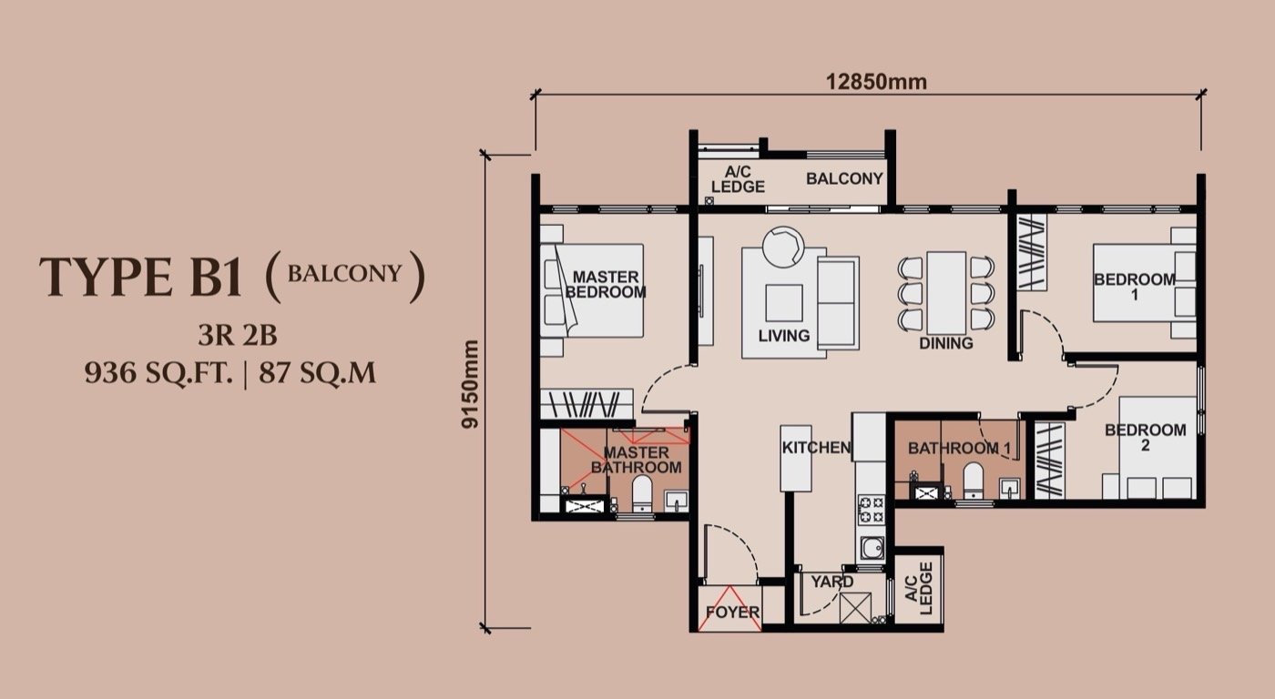Queenswoodz Bukit Jalil Type B1 floor plan — 936 sq ft, 3 bedrooms