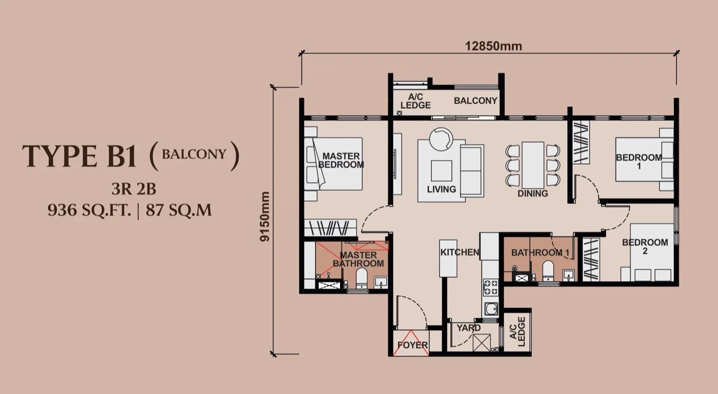 Queenswoodz Bukit Jalil Type B1 floor plan — 936 sq ft, 3 bedrooms