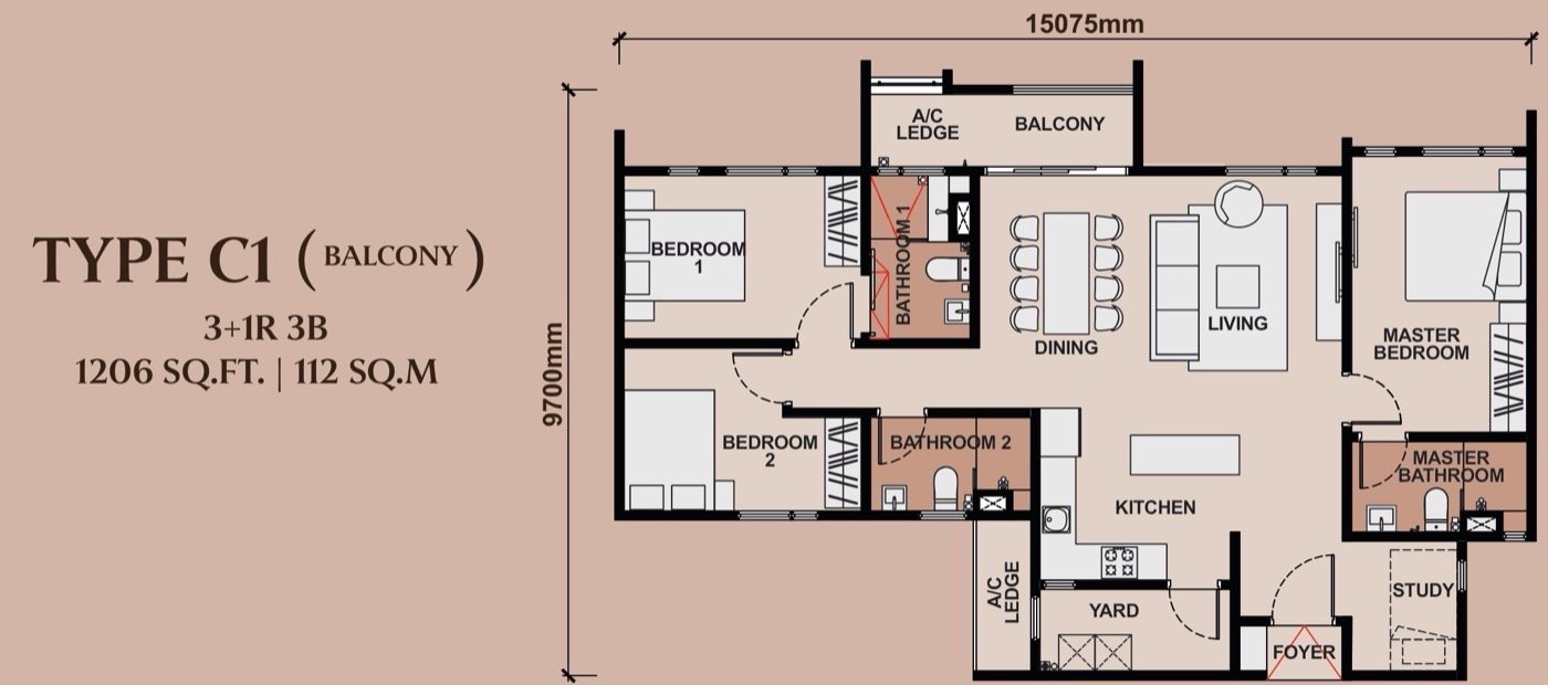 Queenswoodz Bukit Jalil Type C1 floor plan — 1,206 sq ft, 3+1 bedrooms