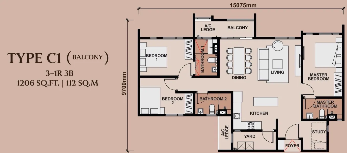 Queenswoodz Bukit Jalil Type C1 floor plan — 1,206 sq ft, 3+1 bedrooms