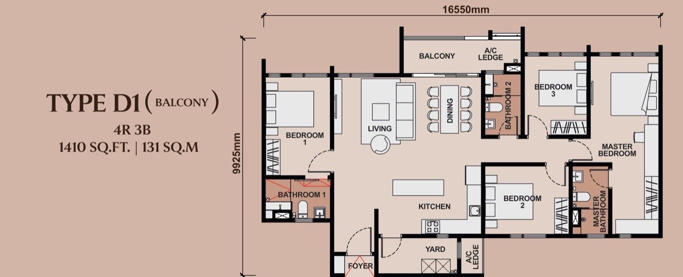 Queenswoodz Bukit Jalil Type D1 floor plan — 1,410 sq ft, 4 bedrooms