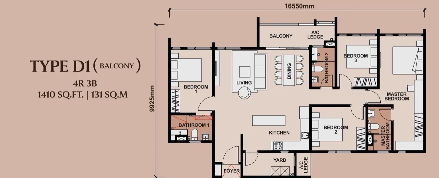 Queenswoodz Bukit Jalil Type D1 floor plan — 1,410 sq ft, 4 bedrooms