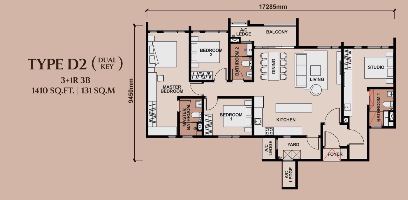 Queenswoodz Bukit Jalil Type D2 dual-key floor plan — 1,410 sq ft, 3+1 bedrooms