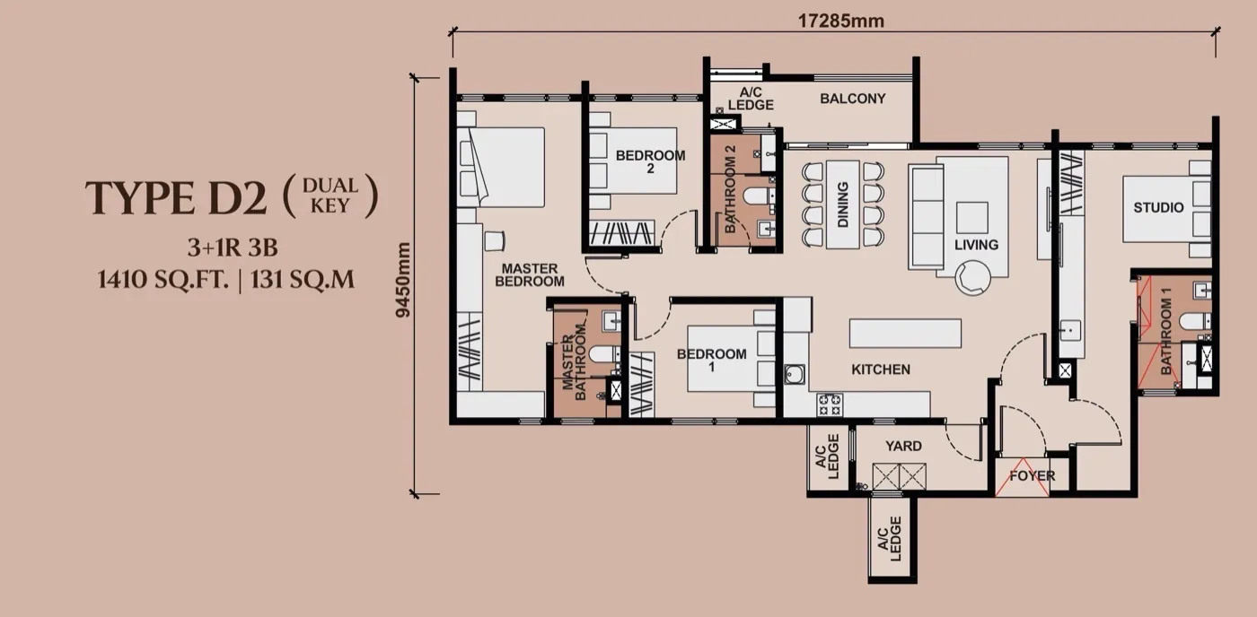 Queenswoodz Bukit Jalil Type D2 dual-key floor plan — 1,410 sq ft, 3+1 bedrooms