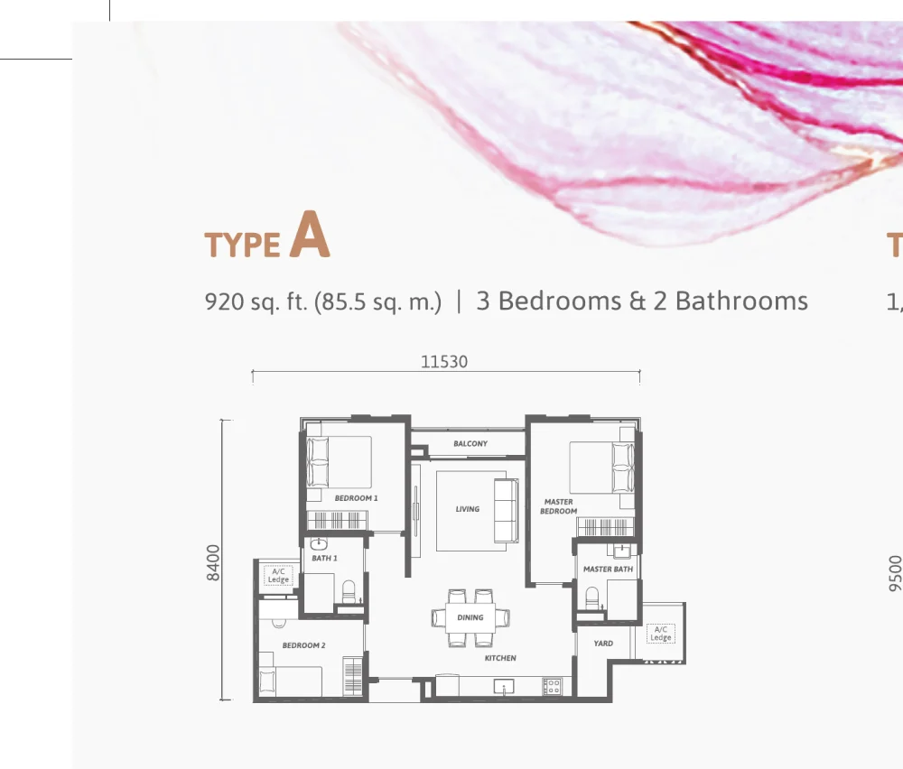 Ren Residence Type A floor plan — 920 sq ft, 3 bedrooms