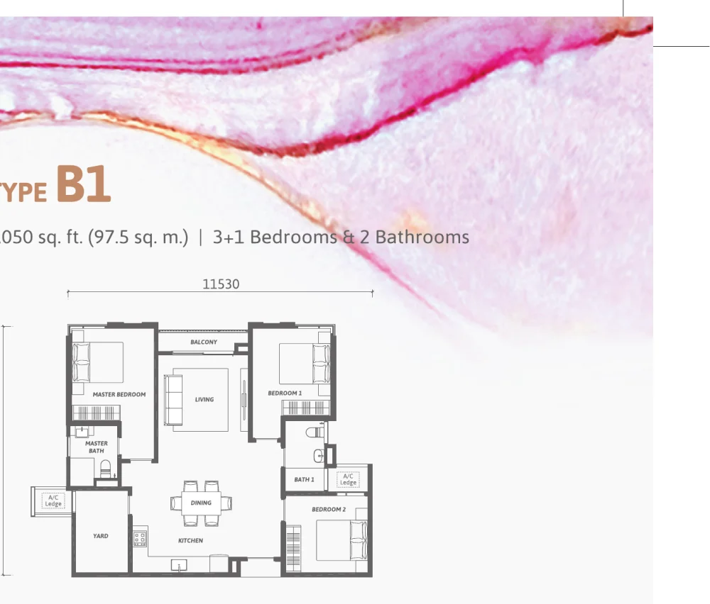 Ren Residence Type B1 floor plan — 1,050 sq ft, 3+1 bedrooms