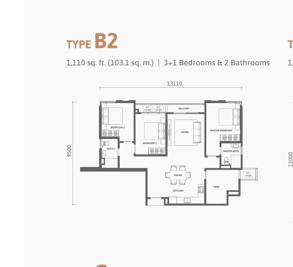 Ren Residence Type B2 floor plan — 1,110 sq ft, 3+1 bedrooms