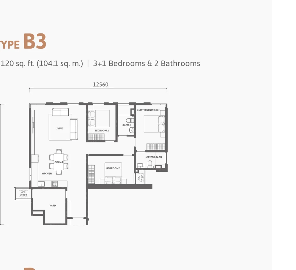Ren Residence Type B3 floor plan — 1,120 sq ft, 3+1 bedrooms