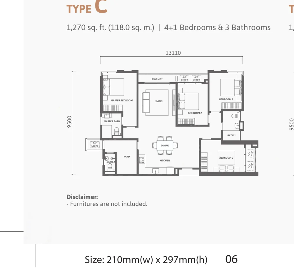 Ren Residence Type C floor plan — 1,270 sq ft, 4+1 bedrooms