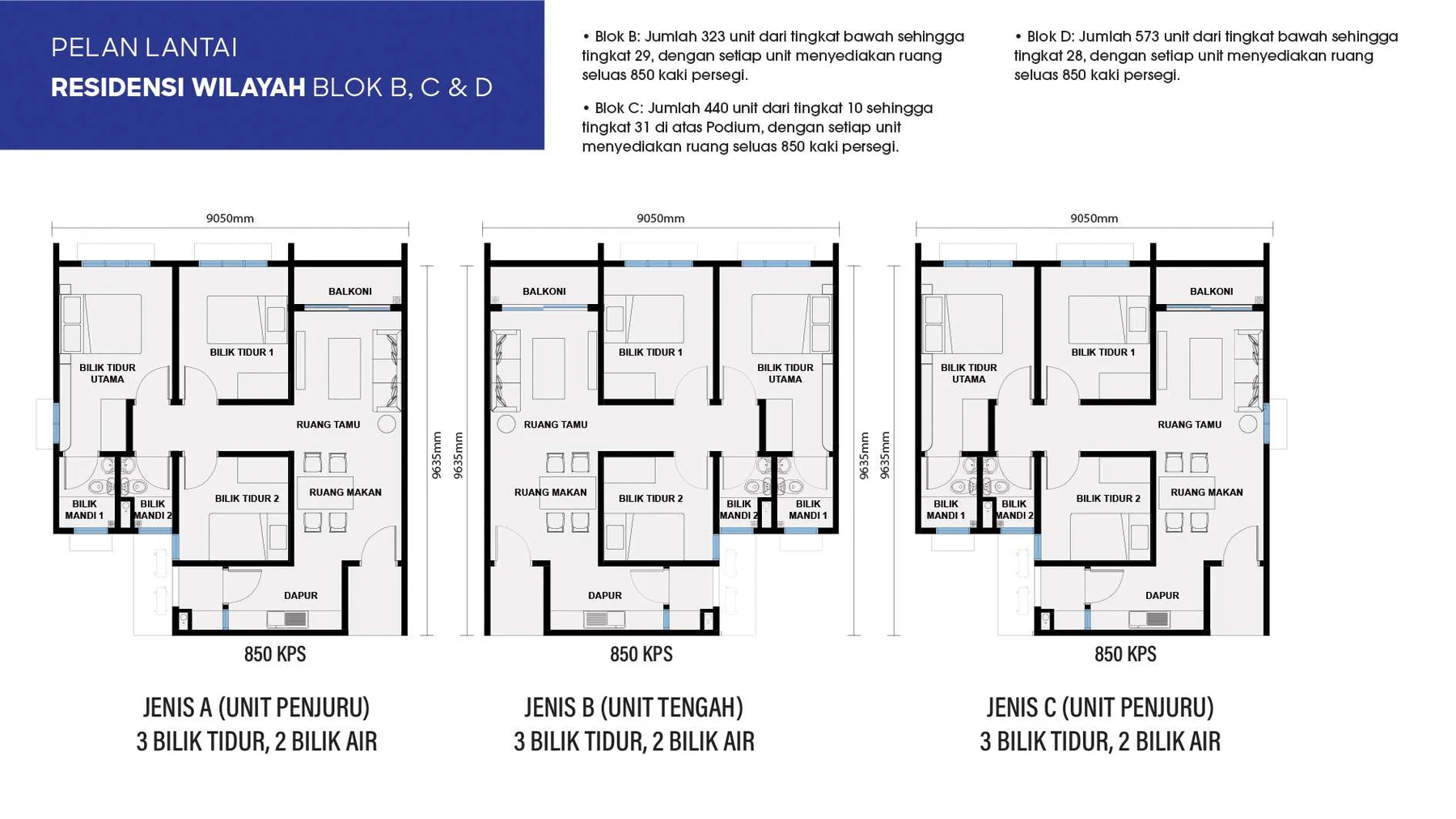 Residensi Wilayah floor plans — 850 sq ft