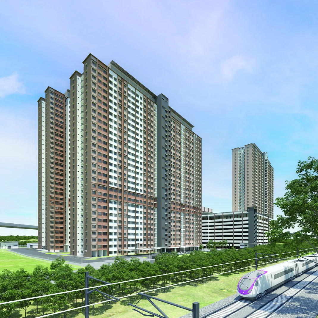 Residensi Sentral tower beside the rail line with a train passing, artist's impression
