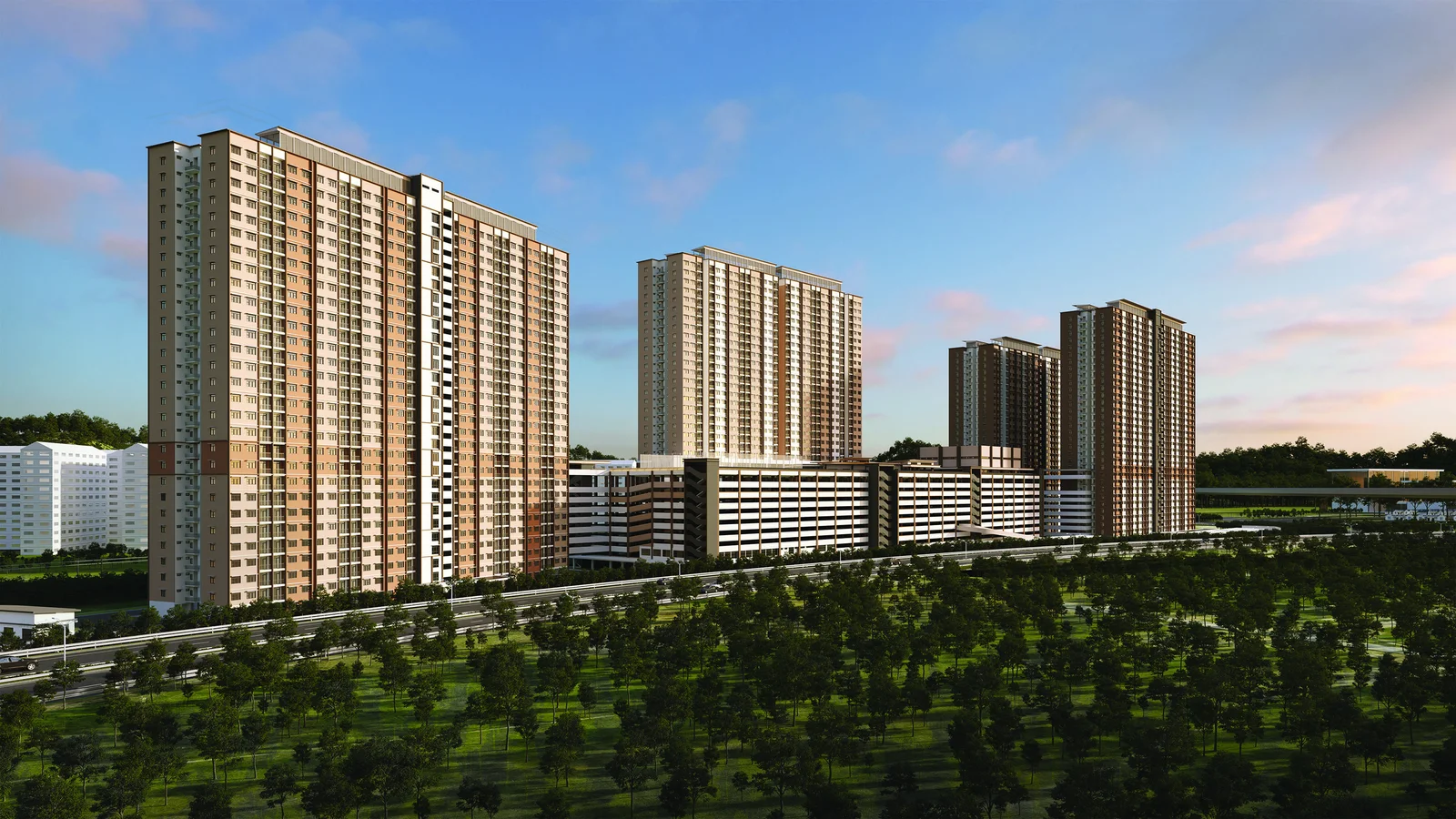 Residensi Sentral Putrajaya blocks above landscaped greenery, artist's impression