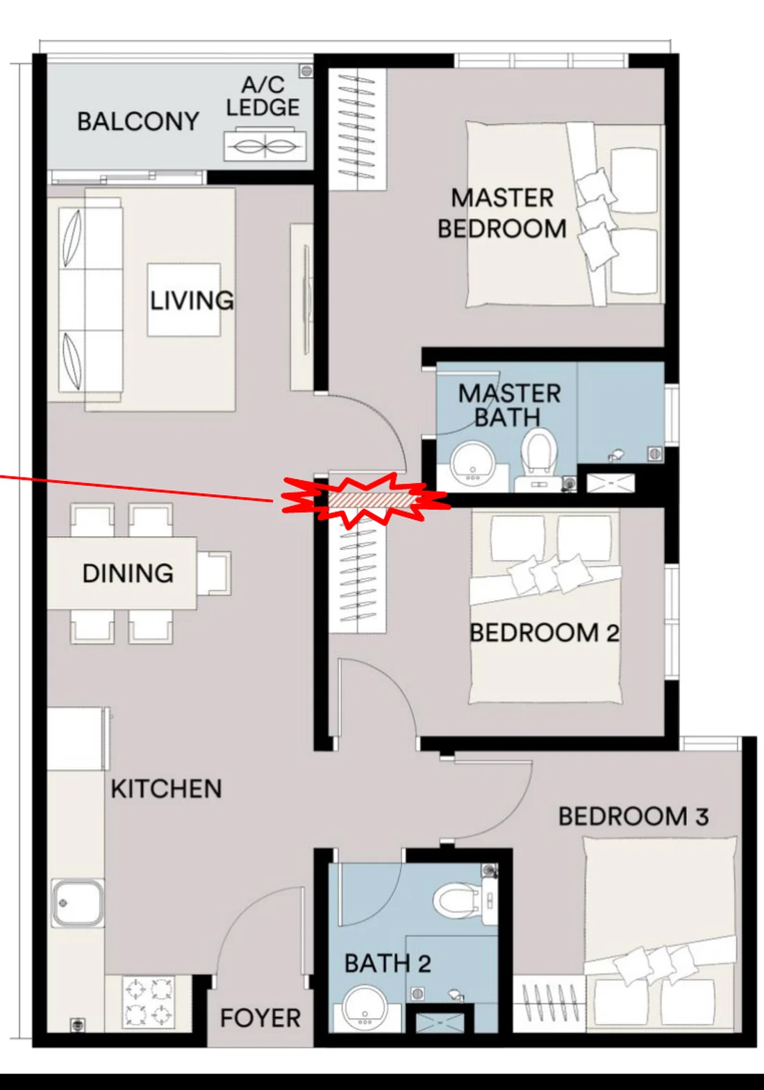 Sena Residences Type C floor plan — 732 sq ft, 3 rooms