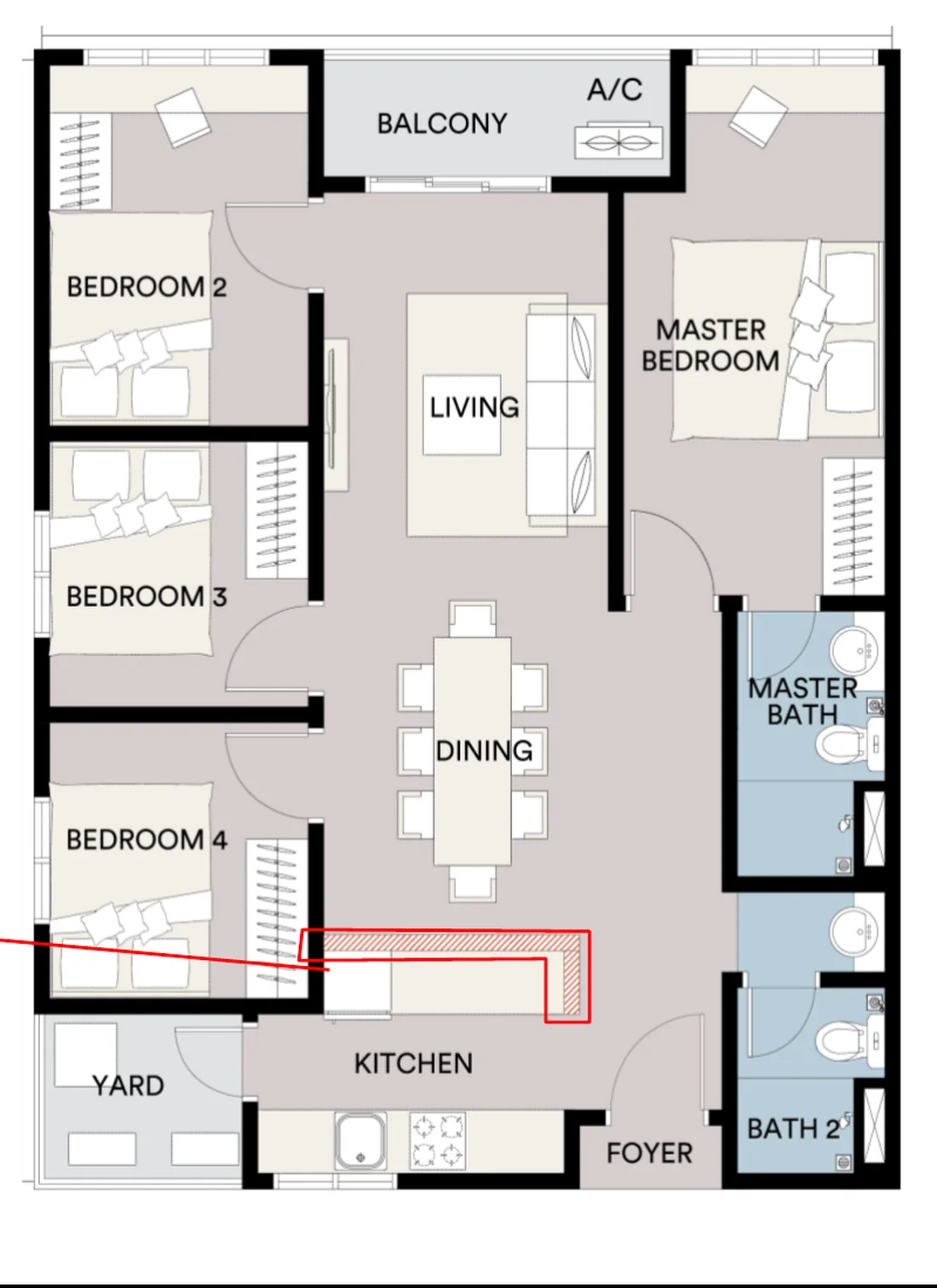 Sena Residences Type D floor plan — 936 sq ft, 4 rooms