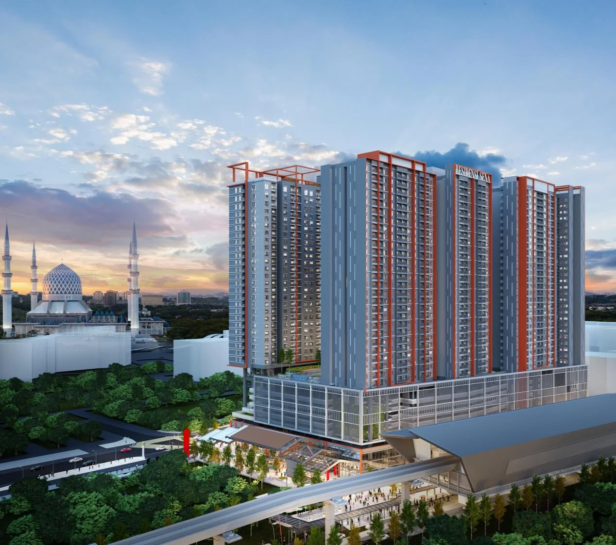 Sena Residences towers with the Sultan Salahuddin Abdul Aziz Mosque skyline, artist's impression