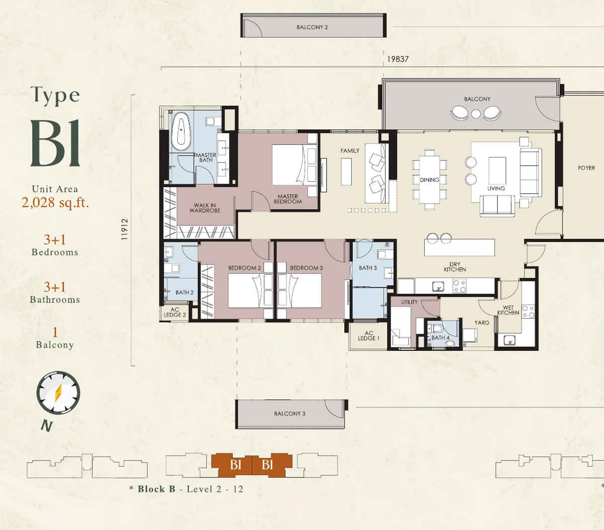 Stellar Damansara Type B1 floor plan — 2,028 sq ft