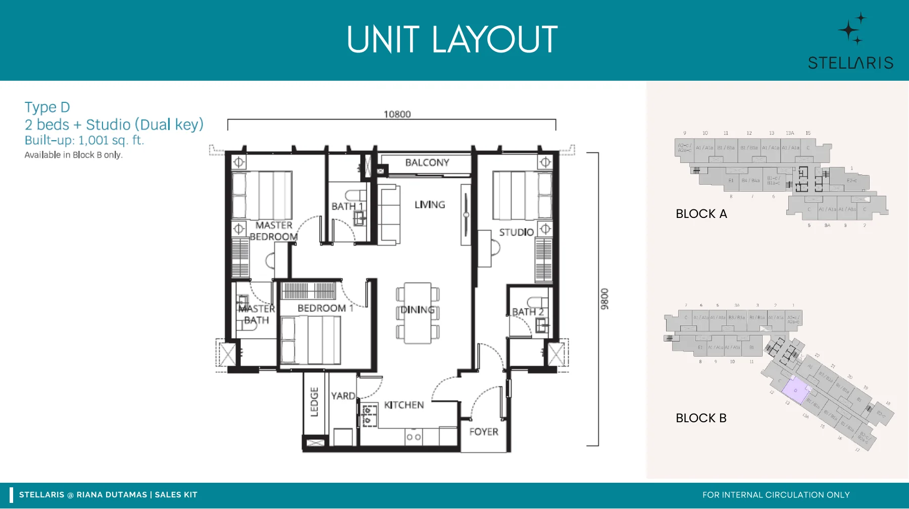 Stellaris Type D dual key floor plan — 1,001 sq ft