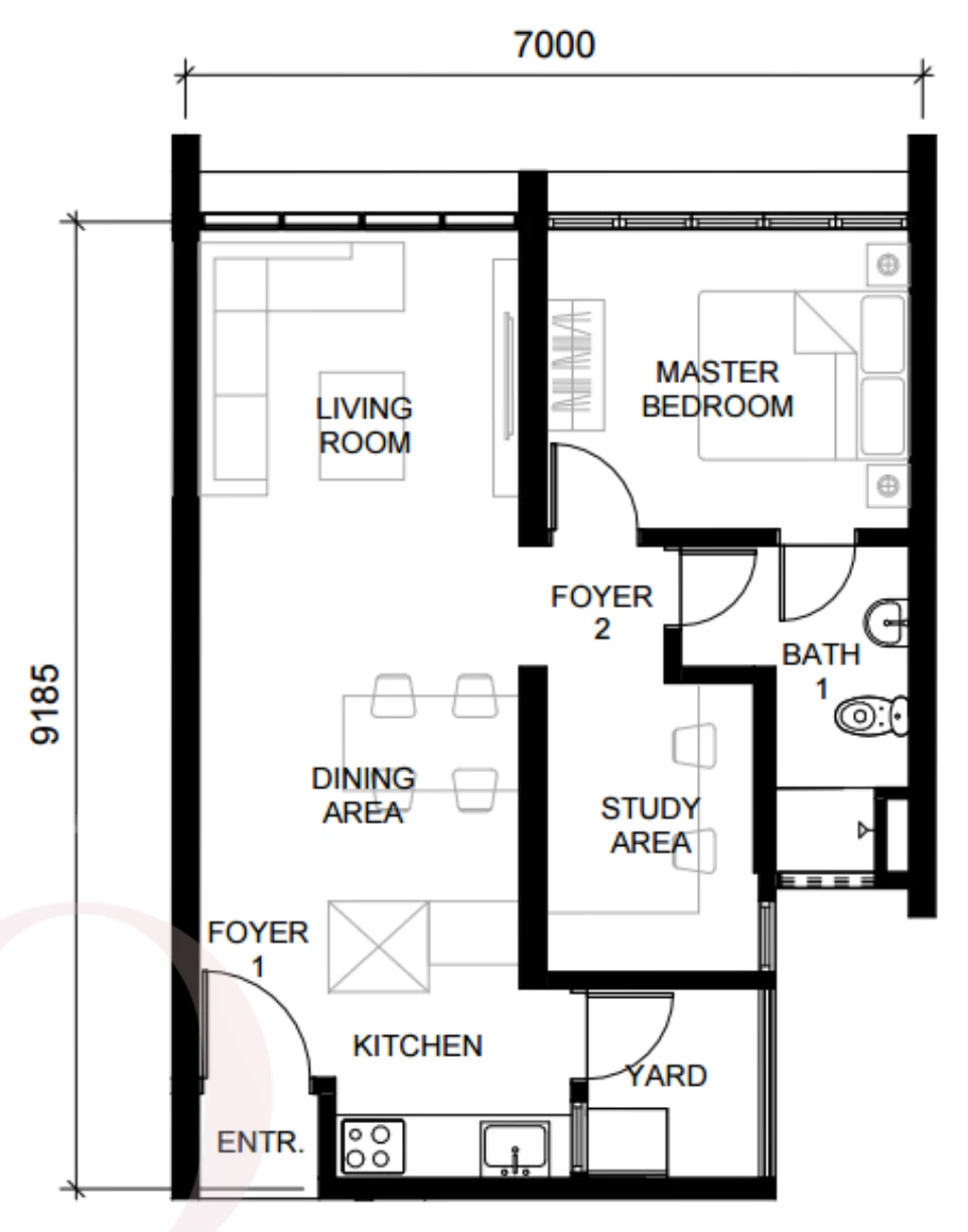 The Straits View Duo Type A floor plan — 645 sq ft, 1 bedroom plus study