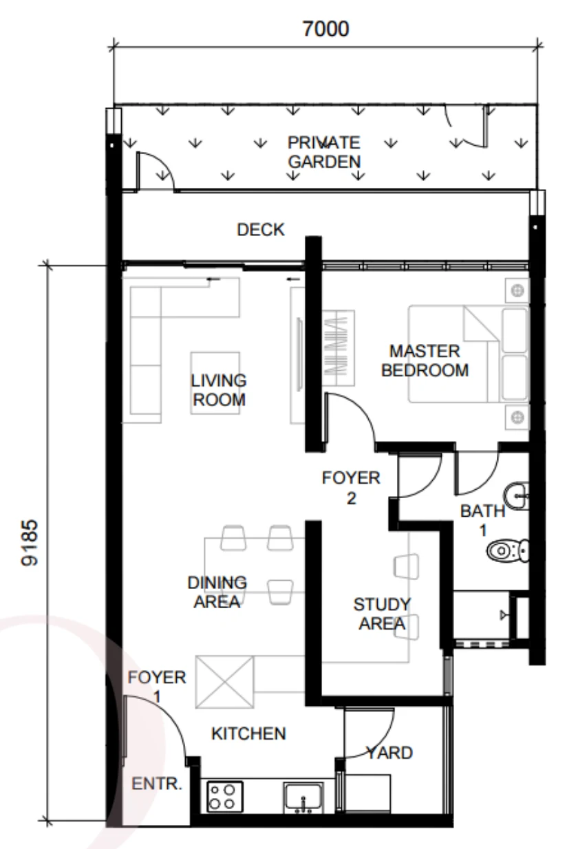 The Straits View Duo Type A1 floor plan — 847 sq ft, 1 bedroom