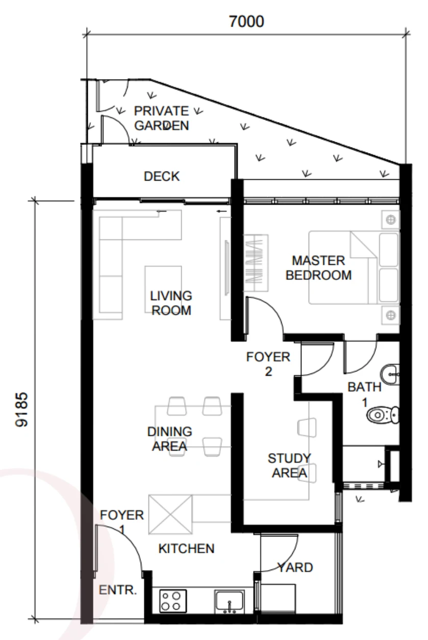 The Straits View Duo Type A2 floor plan — 789 sq ft, 1 bedroom