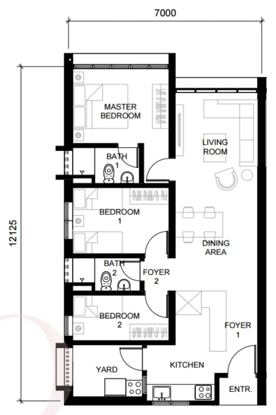 The Straits View Duo Type B floor plan — 888 sq ft, 3 bedrooms
