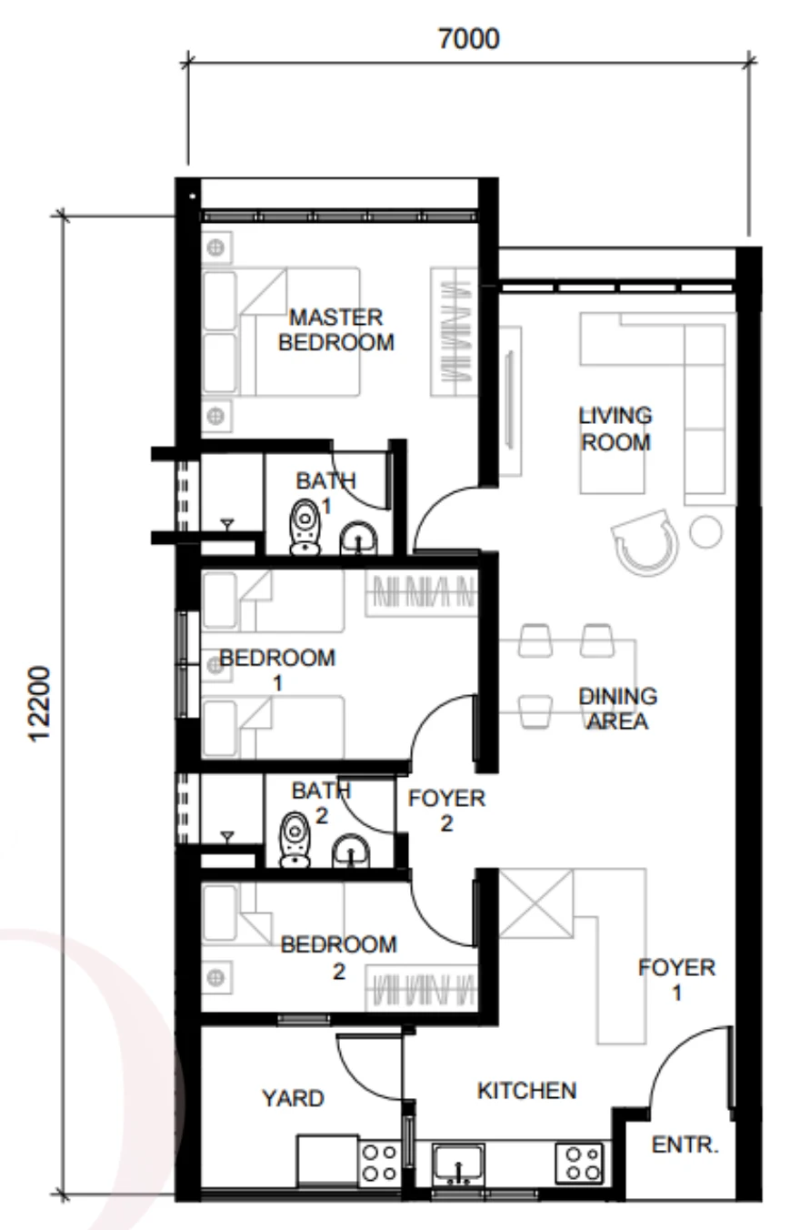 The Straits View Duo Type B1 floor plan — 888 sq ft, 3 bedrooms