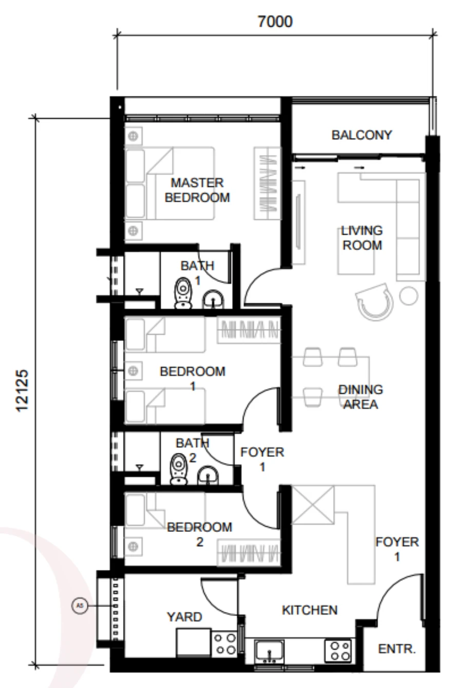 The Straits View Duo Type B2 floor plan — 937 sq ft, 3 bedrooms