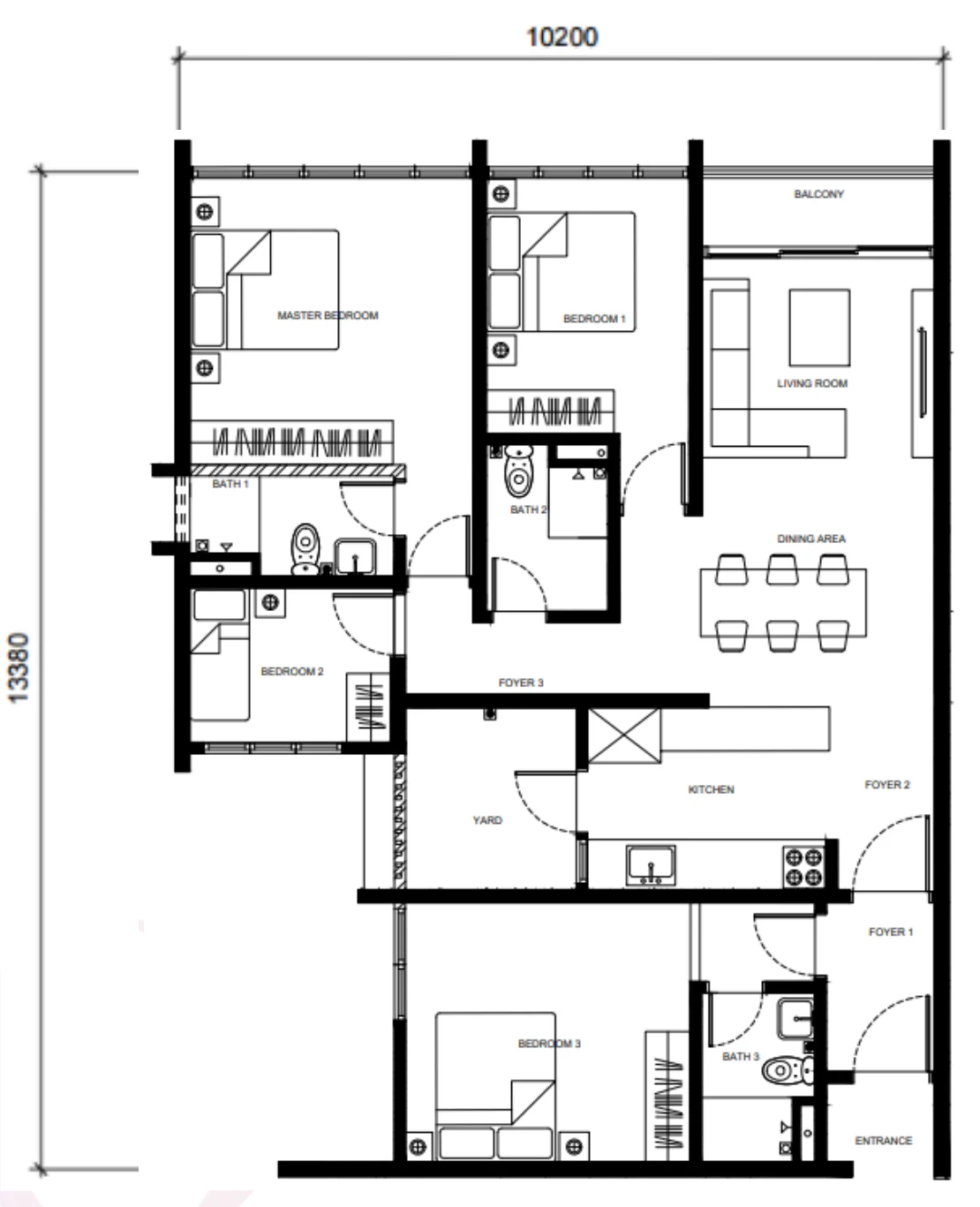 The Straits View Duo Type C floor plan — 1,293 sq ft, 4 bedrooms