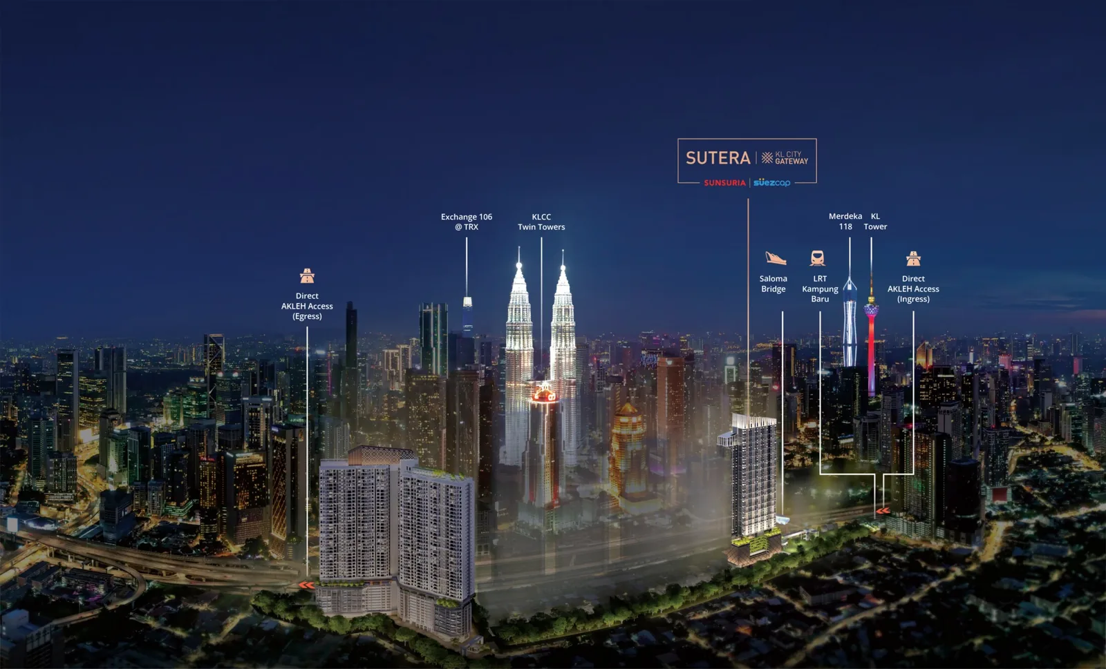 Sutera Suites location relative to KLCC Twin Towers, Merdeka 118 and Saloma Bridge
