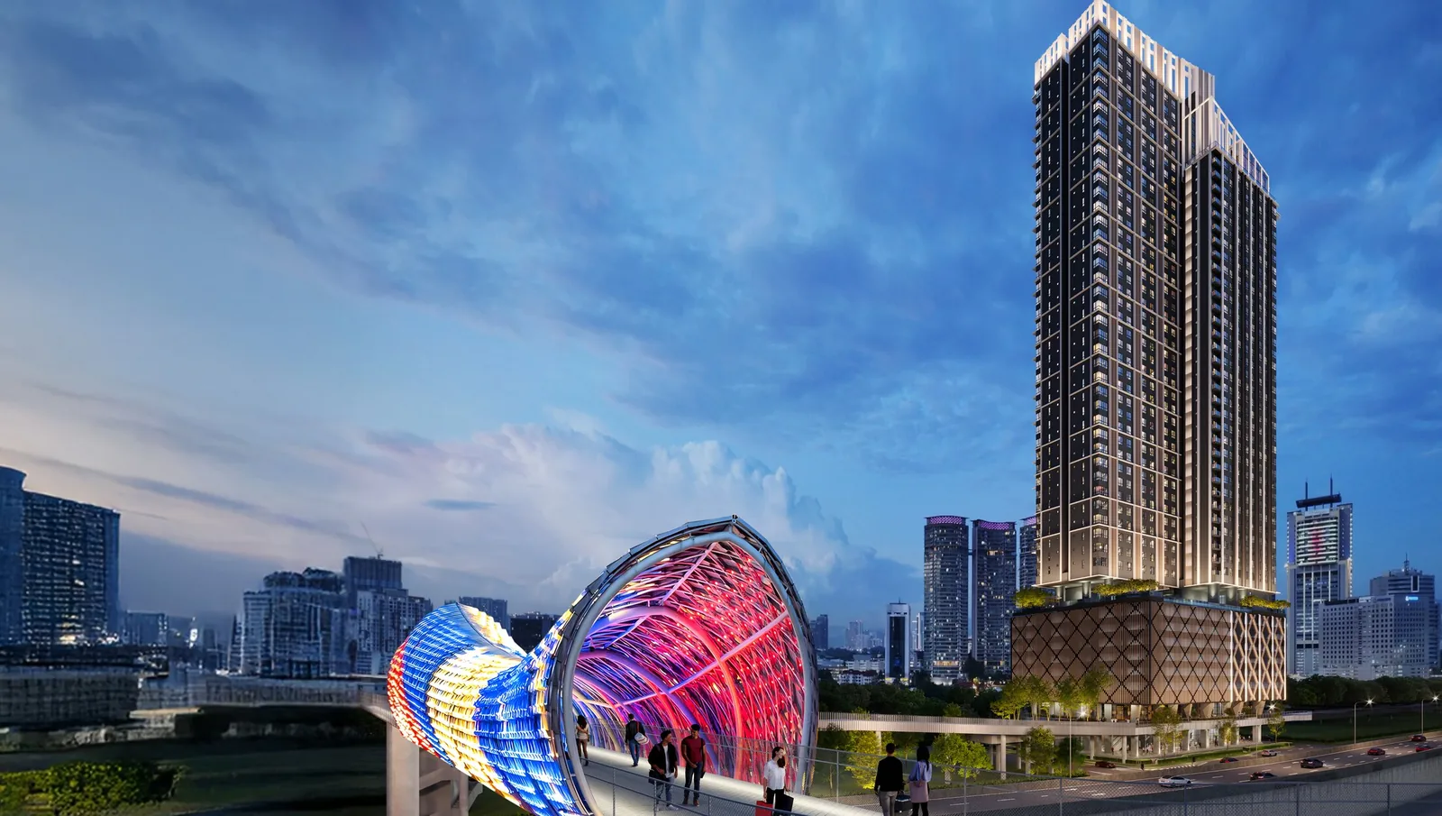 Sutera Suites tower beside the illuminated Saloma Link Bridge at night, artist's impression