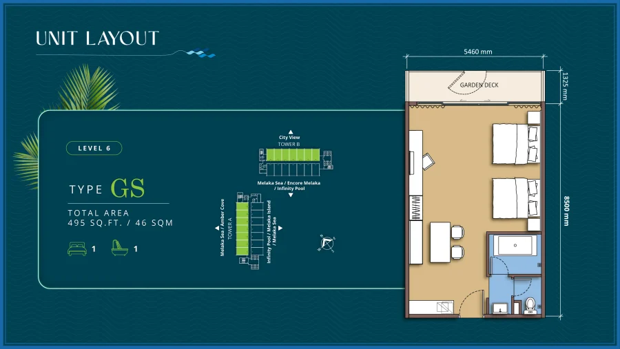 Tagbay Suites Type GS floor plan — 495 sq ft, 1 bedroom, garden deck
