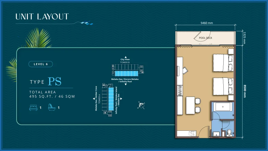 Tagbay Suites Type PS floor plan — 495 sq ft, 1 bedroom, pool deck