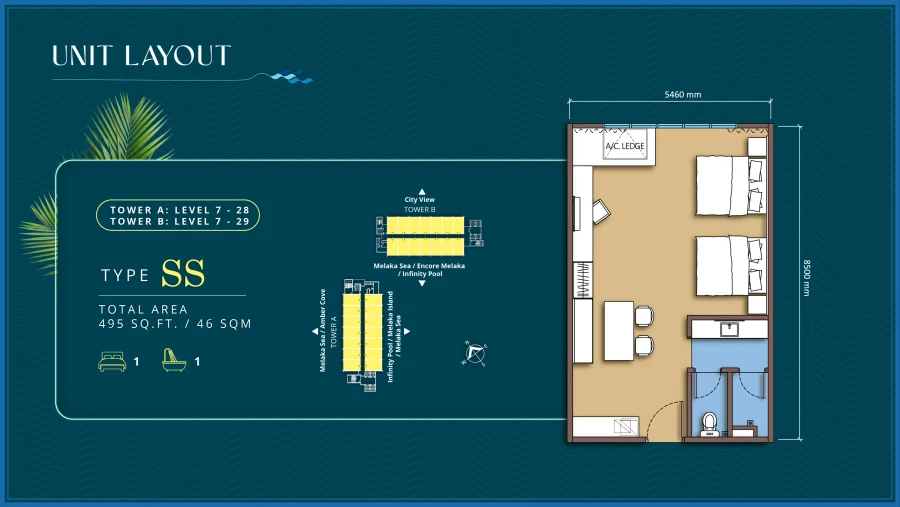 Tagbay Suites Type SS floor plan — 495 sq ft, 1 bedroom